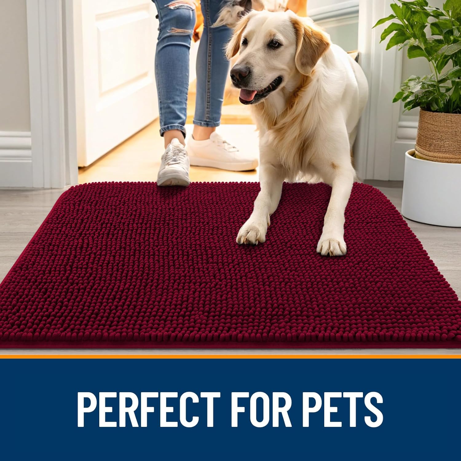 OLANLY Dog Door Mat - Absorbent Non-Slip Chenille Mud Mat for Muddy Paws | 50x30, Burgundy