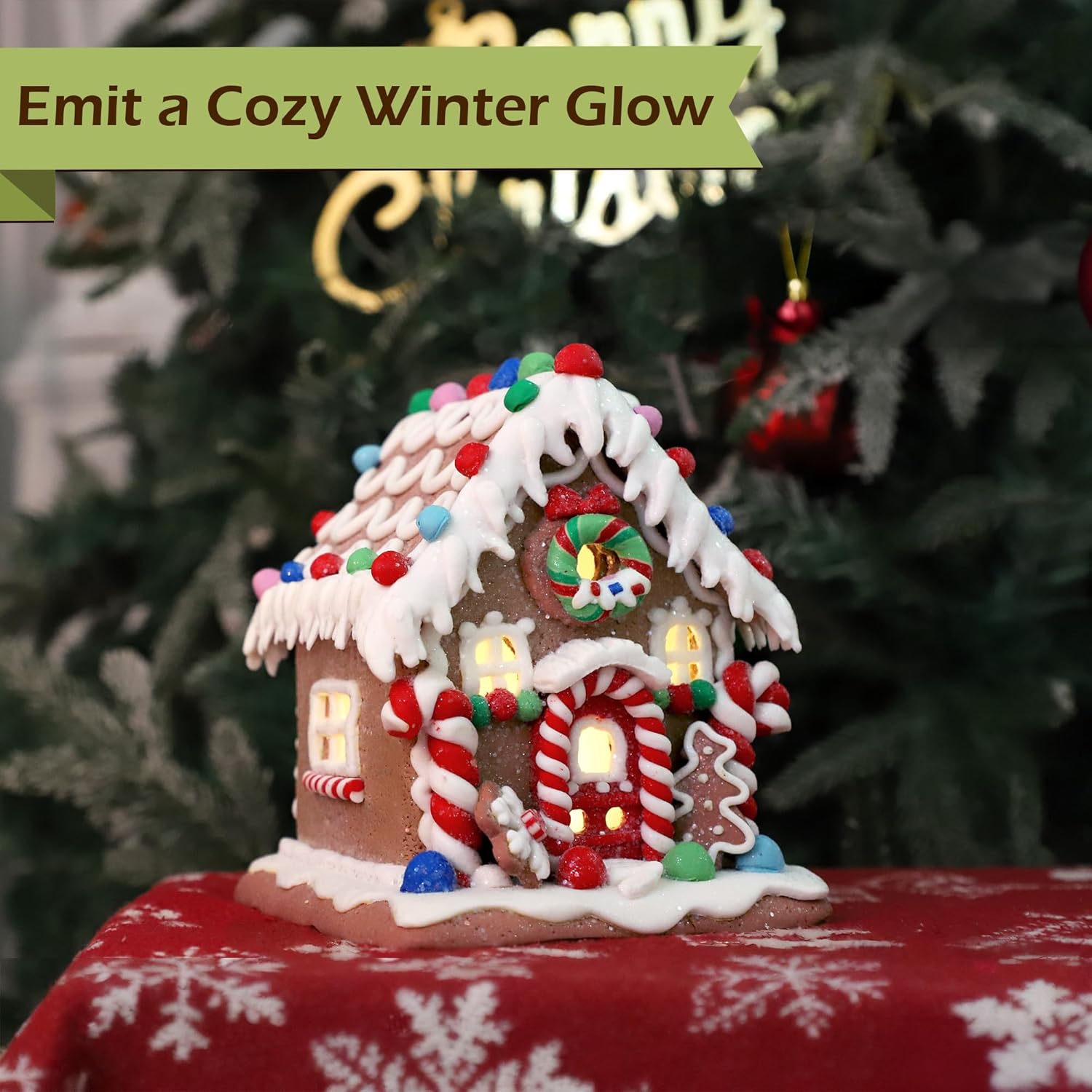 Skiennix Gingerbread House Decoration - Battery-Operated Light-Up Christmas Village Figurine | Handmade (Style 2)