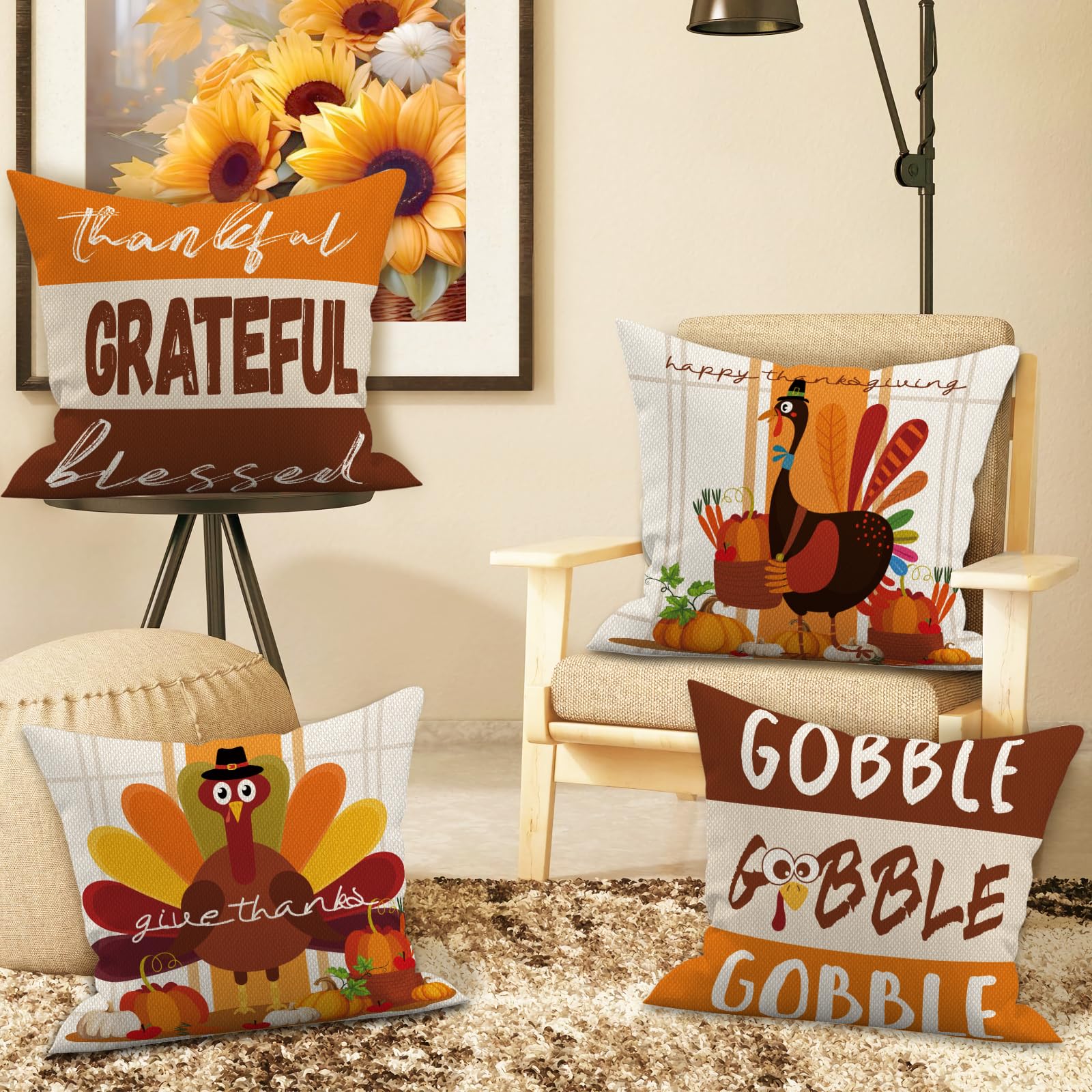 MEHOFOND Thanksgiving Pillow Covers 18x18 Set of 4, Fall Throw Pillow Covers Turkey Pumpkin Orange Farmhouse Home Decor Pillowcase Give Thanks Cushion Case for Sofa Couch