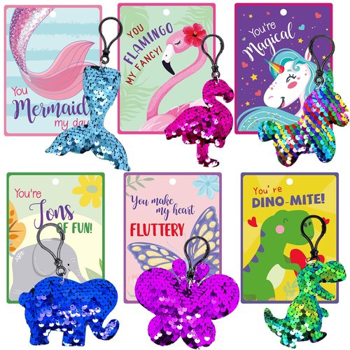 JJXUANER 30 Pack Valentines Day Gifts, Glitter Sequin Keychains with Valentines Greeting Cards, Valentine's Day Prize Party Favor, Exchange Gift