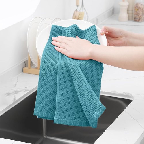 Homaxy 100% Cotton Waffle Weave Dish Towels - Ultra Soft & Absorbent | 13 x 28 Inches, 4-Pack, Lake Blue