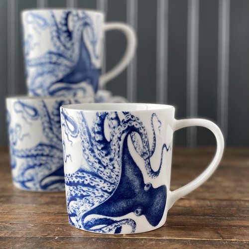 Caskata Lucy the Octopus Oversized Mugs Set of 4 | High-Design Premium Lead-Free Porcelain Blue Mug Set for Entertaining or Everyday | Unique Party Mugs for Wedding or Birthdays | 14 oz