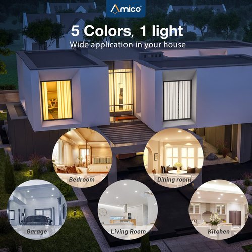 Amico 4 inch 5CCT LED Recessed Lighting 1 Pack, Dimmable, Damp Rated, 9W=60W, 650LM Can Lights with Baffle Trim, 2700K/3000K/4000K/5000K/6000K Selectable, Retrofit Installation - ETL & FCC Certified