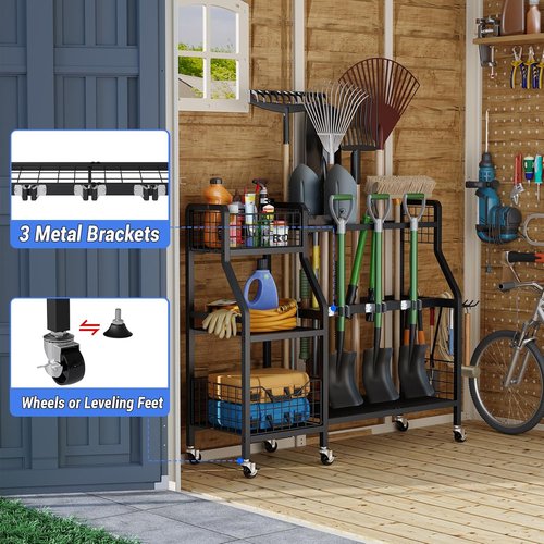 Keomaisyto Garden Tool Organizer - Heavy Duty Metal Storage with 6 Wheels & 2 Baskets | Perfect for Garage, Shed, or Yard