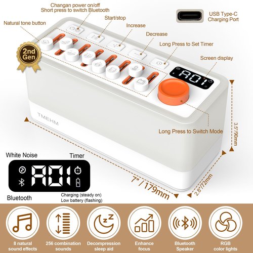 TMEHM 3-in-1 Sleep Sound Machine with 8 Mixable Nature Sounds, Portable Bluetooth Speaker & 12-Color Night Light, White Noise, Sleep Timer & Breathing Exercises for Babies, Kids, and Adults