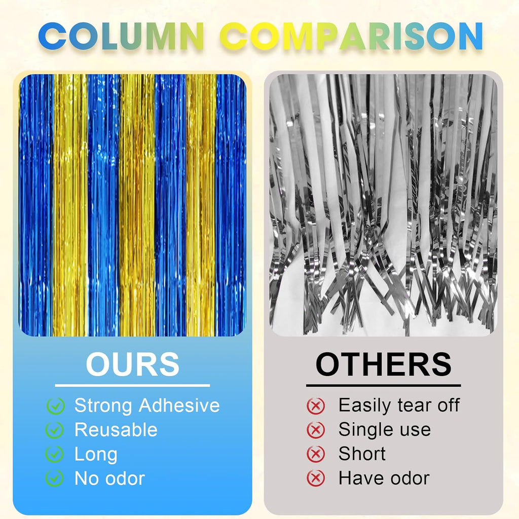 Voircoloria Blue Gold Foil Fringe Backdrop Curtains - 3 Pack Tinsel Streamers for Parties | 3.3 x 8.2 ft