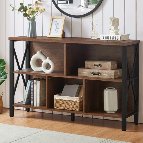 HOMISSUE Cube Storage Organizer Shelf, Rustic Horizontal Bookshelf with 5 Cubes, Industrial Short Wide Bookcase with 3 Tier Shelves, Low and Long Cubby Bookshelf for Living Room, Office, Brown