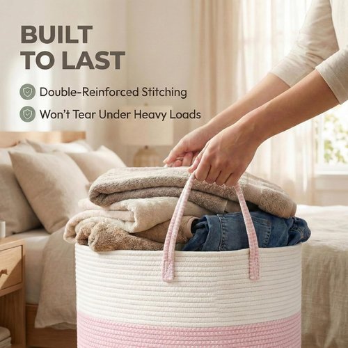 JMvicyroam Extra Large Blanket Basket - Woven Cotton Rope Laundry Hamper with Reinforced Handles | White & Pink, 115L Storage Bin for Pillows, Comforters & Toys
