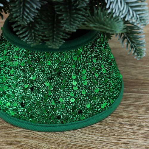 TWSANTAMAS 7.5 Inch Glittering Christmas Tree Collar, Sequin Rustic Mini Tree Skirt Base Cover for Small Tabletop Trees, Holiday Home Decor Gift, Green