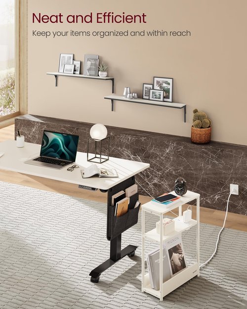 VASAGLE Side Tables with Charging Station, Set of 2 Narrow End Tables, 3-Tier Nightstands, Sofa Tables for Small Spaces, for Living Room, Bedroom, Study, Cream White ULCT664W01