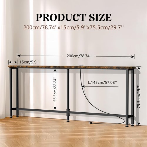 GRLEAF 78" Sofa Table with Built-in Power Strip (2 AC Outlets & 2 USB Ports) – 4.9ft Power Cord, Metal Frame, Easy Assembly, Long Couch Table Behind Sofa, Living Room and Home Office | Rustic Brown
