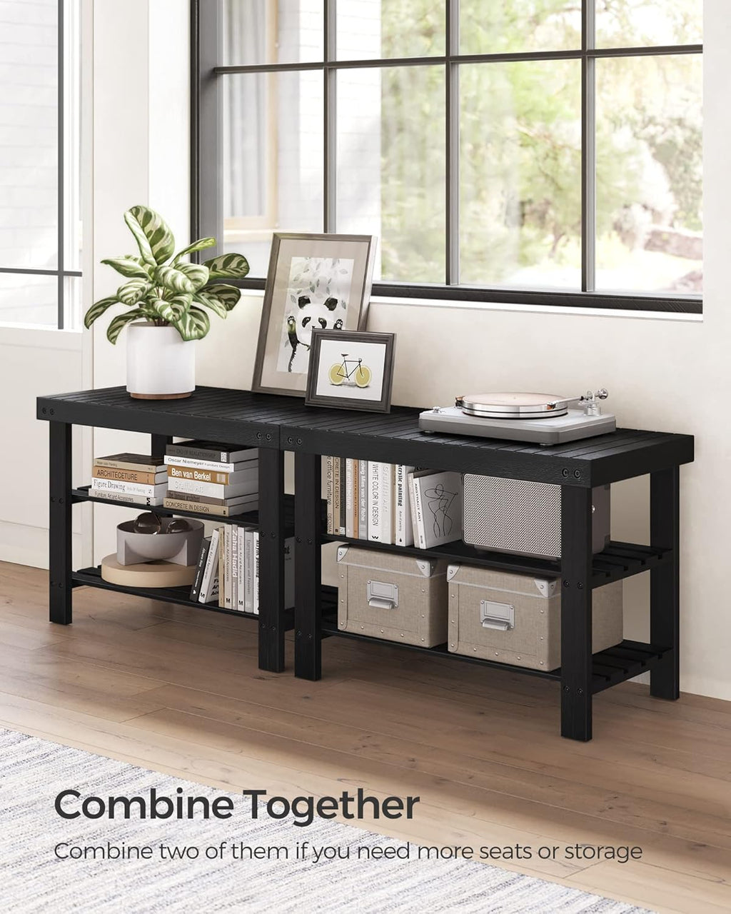 SONGMICS Shoe Rack Bench - 3-Tier Bamboo Storage Organizer | Holds Up to 286 lb, Ink Black, 11.3 x 27.6 x 17.8 Inches