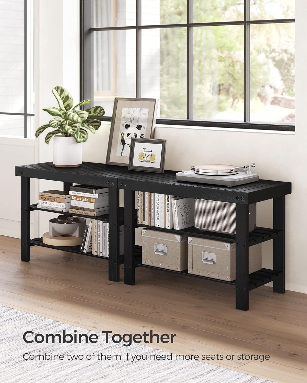 SONGMICS Shoe Rack Bench - 3-Tier Bamboo Storage Organizer | Holds Up to 286 lb, Ink Black, 11.3 x 27.6 x 17.8 Inches