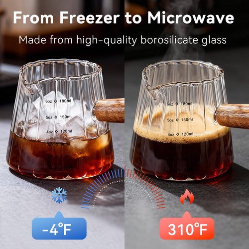 Glass Measuring Cup 6OZ, Espresso Accessories, Expresso Shots Cup, Espresso Shot Glass with V-Shaped Mouth, Ribbed Milk Frothing Pitcher, coffee Espresso Cup(Wooden Handle)