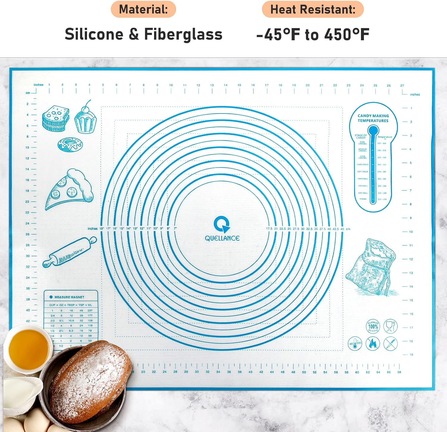 Skiennix Silicone Baking Mat - Non-Stick Pastry Mat with Measurements for Dough & Cookies | 24'' x 32'' Blue