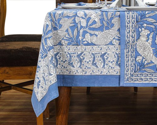 72x118 Inches Rectangle Hand Block Printed Cotton Tablecloth, White Blue Floral Table Cloths Washable, Indian Table Linen for Valentine Thanksgiving Gifts Home Decor Dinning Outdoor