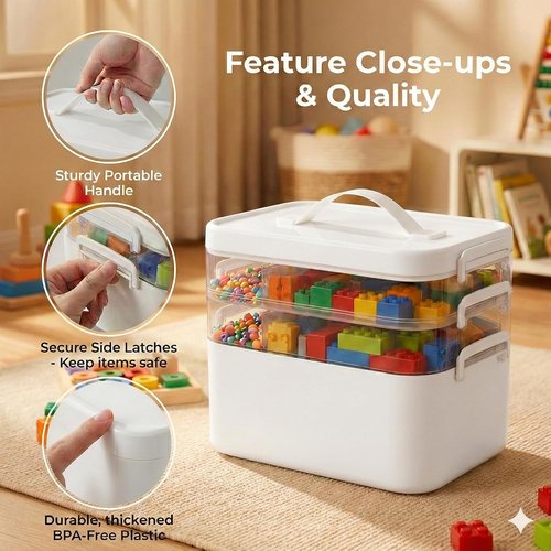 Craft Storage Organizer Box by Stackable | 13.3 QT with Handle & 3 Removable Trays - White