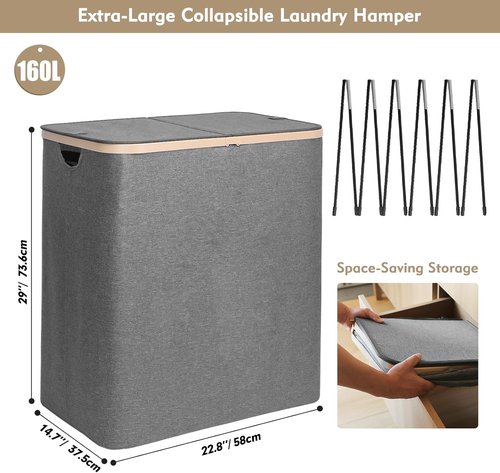 DOKEHOM 160L Double Laundry Basket - Large Collapsible Hamper with Removable Lid & Bags | Dark Grey