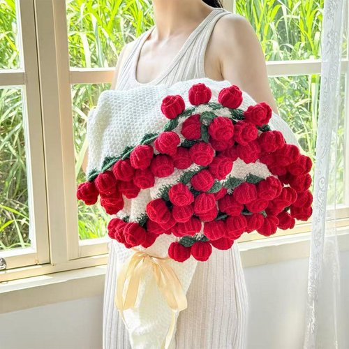 Lomxene Handmade Roses Flower Bouquet Blanket Crochet Red Flowers and Green Lace for Birthday Wedding Valentines Day Home Decor (Red 52 Roses - Finished)