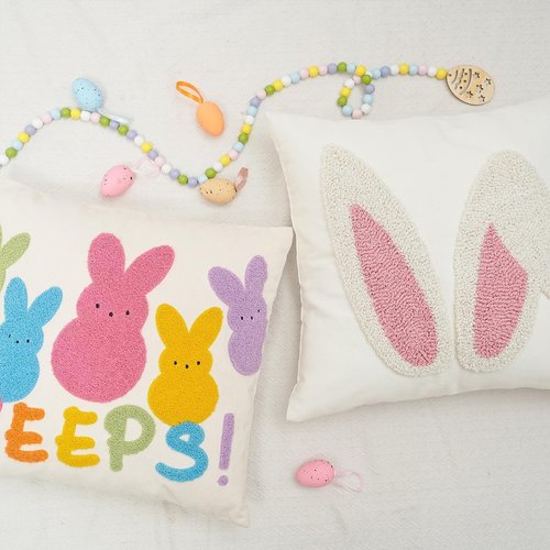 GEEORY 3D Embroidered Easter Bunny Pillow Cover 18x18 Inch, Spring & Easter Decorations Farmhouse Home Decor Throw Pillow Case for Sofa & Bed GX015-1-18