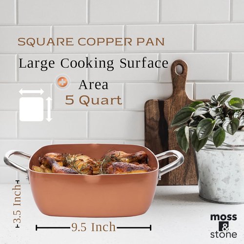 Moss & Stone Copper Chef Cookware Set - 5 Pcs Non-Stick Deep Frying Pan & Accessories | 5 Qt Induction Safe