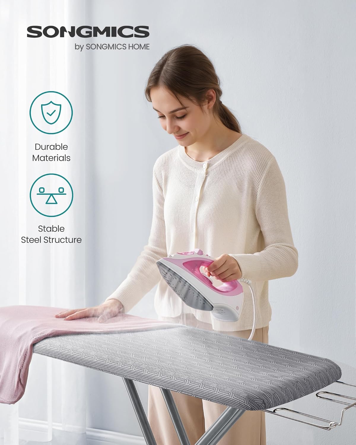 SONGMICS Ironing Board - Foldable & Height Adjustable Up to 35 Inches | 4-Layer Cover & Iron Rest, Dove Gray