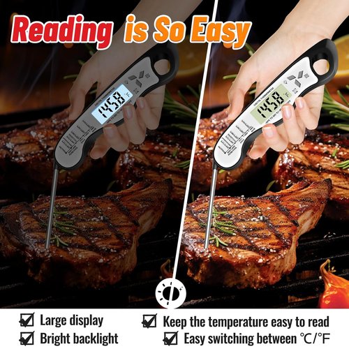 Meat Thermometer - Skiennix IP67 Waterproof Digital Thermometer with Backlight & Magnet | Perfect for BBQ & Cooking