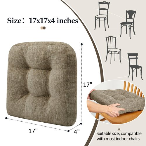 downluxe Chair Cushions for Dining Chairs 4 Pack, Tufted Indoor Chair Pads with Non-Slip Bottom, U-Shaped Kitchen Chair Cushions, 17"x17"x4", Khaki