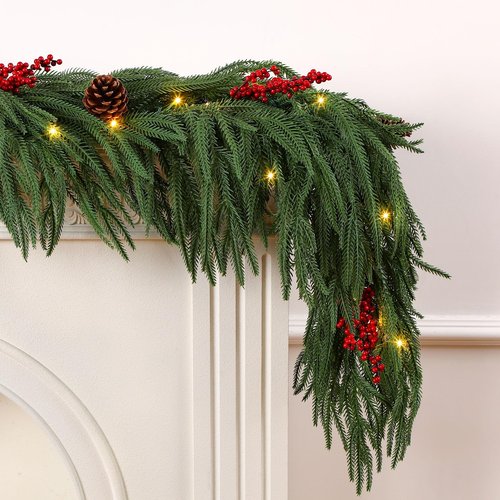 9FT Prelit Christmas Garland, Realistic Green Norfolk Pine Garland with Lights Battery Operated for Mantle Stairs Railing Fireplace Table Indoor Xmas Decor