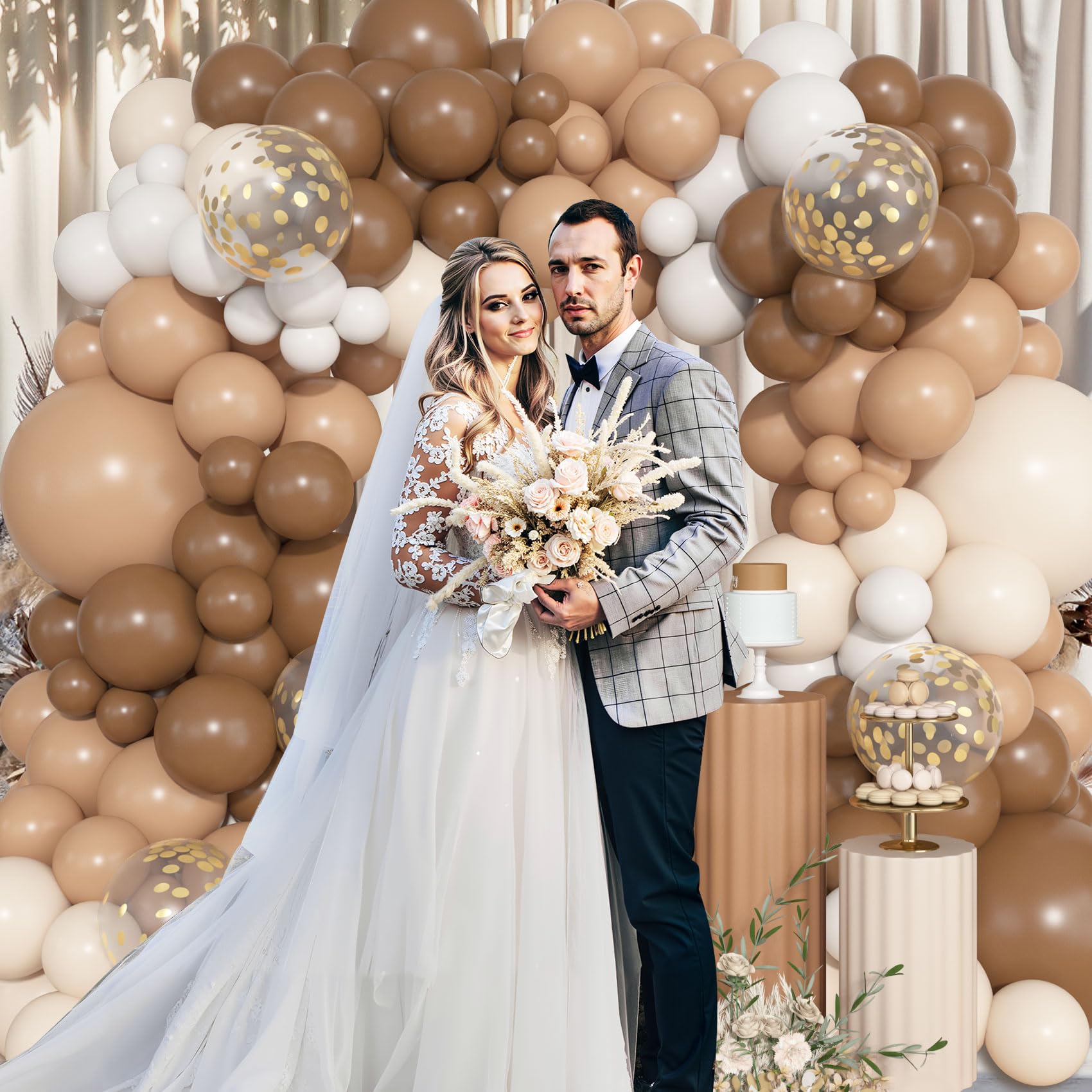 Ouddy Life 157 Pcs Brown Balloons Garland Arch Kit, Beige Nude Neutral White Gold Confetti Different Size Balloon for Birthday Teddy Bear Baby Shower Neutral Woodland Wild One Wedding Party Decoration
