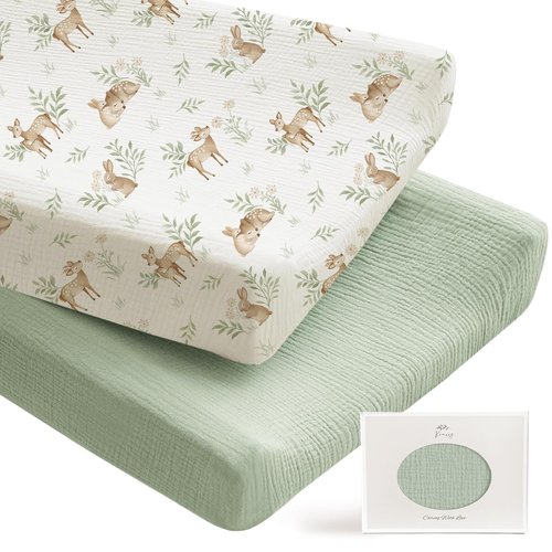 Konssy Muslin Changing Pad Covers - Ultra Soft & Breathable Cotton for Boys | 2 Pack in Woodland & Sage