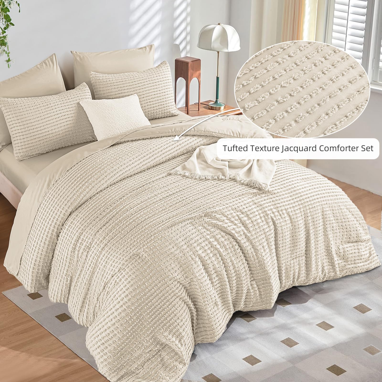 Yiran 7 Piece Beige Comforter Set King Bed in a Bag Tufted Texture Striped Boho Comforter Set Fluffy Jacquard Geometric Bedding Set 104"×90"