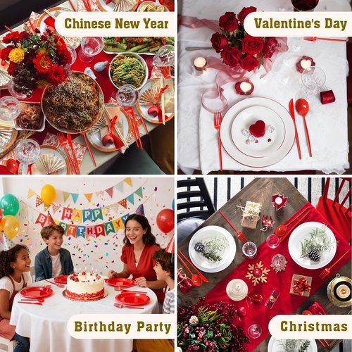 Gudvilla 120pcs Red Plastic Silverware Set Sturdy Red Utensils Disposable Plastic Cutlery Heavy Duty includes Forks and Spoons and Knives Sets for Valentines Day Birthday Graduation Chinese New Year