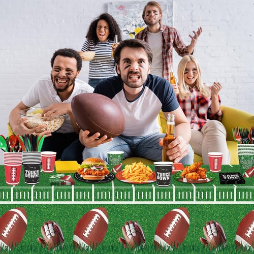 HOWAF 169pcs Football Party Supplies Kit, Football Plates Disposable Dinnerware Touchdown Napkins Plates Tablecloth Cups Knives Forks Spoons for Football Birthday Football Decorations Party Serve 24