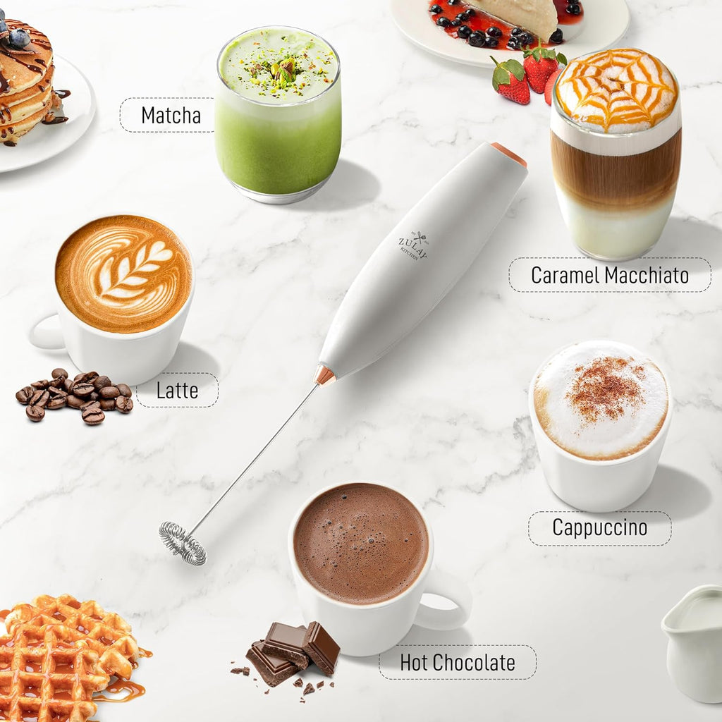 Zulay Kitchen Milk Frother Handheld Electric Whisk with AA Duracell Batteries – Durable Drink Mixer for Coffee, Lattes, Cappuccinos & More - White Rose Gold
