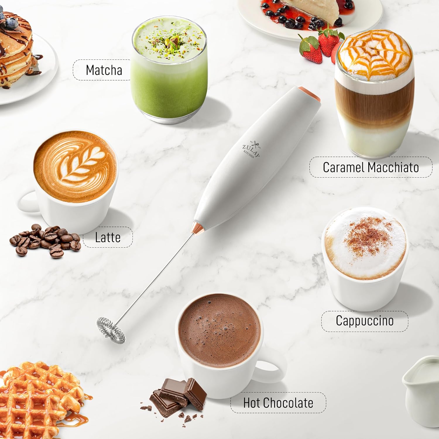 Zulay Kitchen Milk Frother Handheld Electric Whisk with AA Duracell Batteries – Durable Drink Mixer for Coffee, Lattes, Cappuccinos & More - White Rose Gold