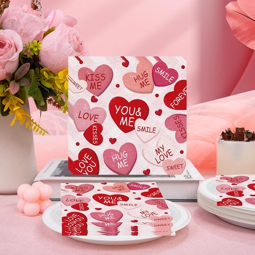 100 Pcs Valentines Day Napkins, Conversation Hearts Party Napkins, Sweet Candy Heart Table Decor for Valentine Dinner Bridal Shower Party Supplies