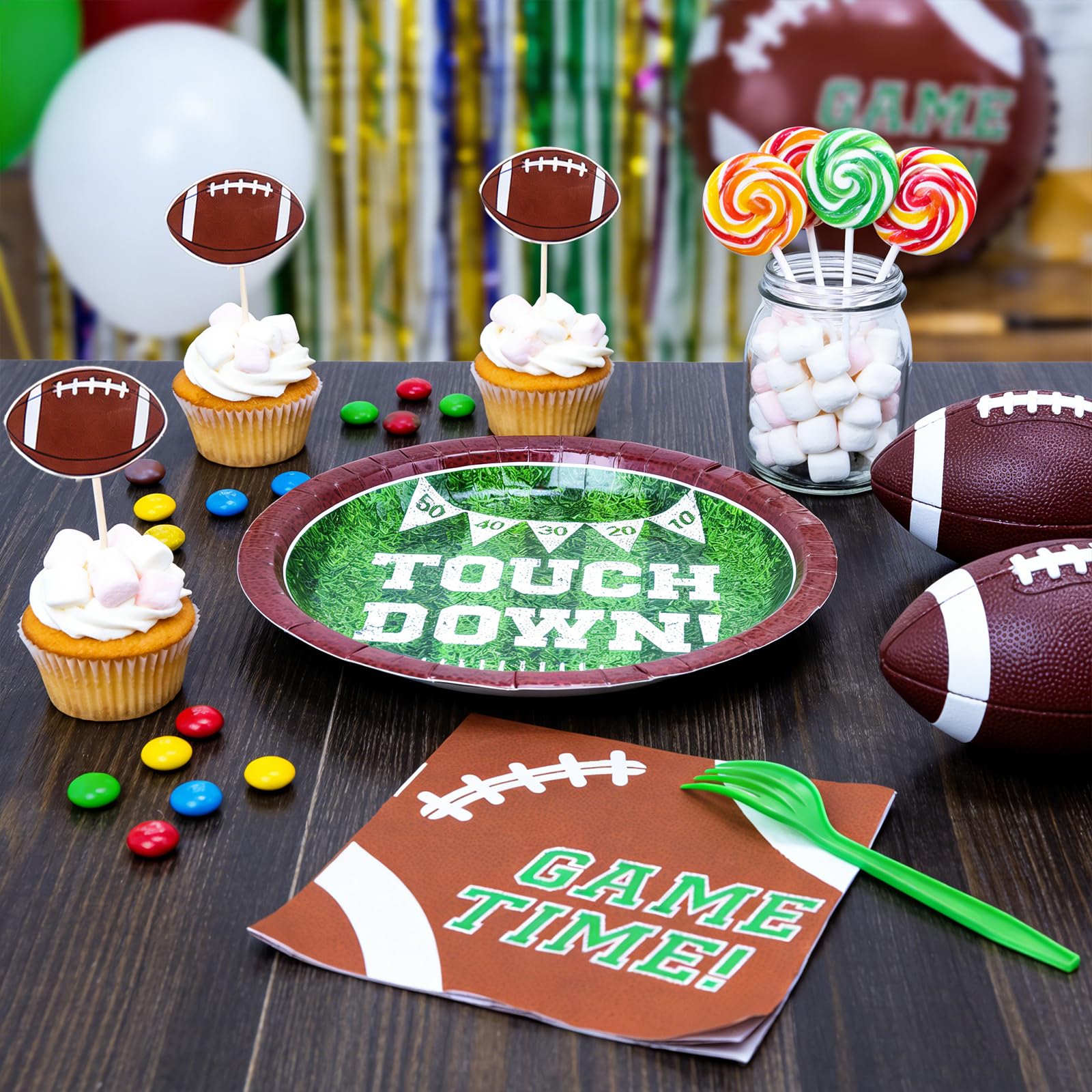 YY 10" Football Party Paper Plates Set Disposable Dinner Plates Serve 20 with 13" Napkins, Forks