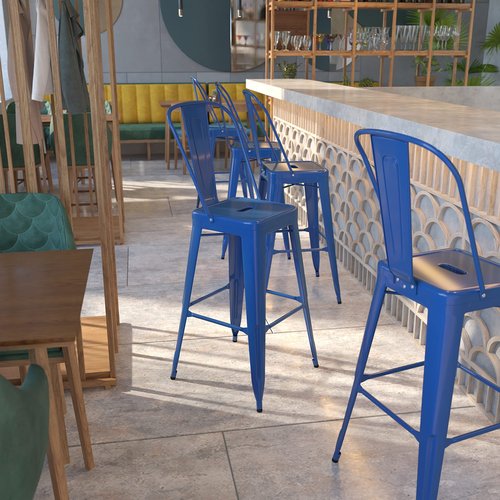 Flash Furniture Commercial Grade 30" High Blue Metal Indoor-Outdoor Barstool with Removable Back