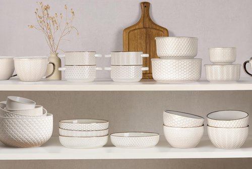 KooK Ceramic Mixing Bowls - Nesting Set of 4 | Embossed Kitchen Dishware, Microwave & Dishwasher Safe, Ivory