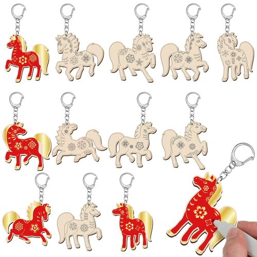 RattanView 24 Pcs Horse Craft Color Your Own Keychains Diy Craft Wooden Blank Keychains for Sunday School Classroom Home Active Party Favors Gifts, 12 Styles