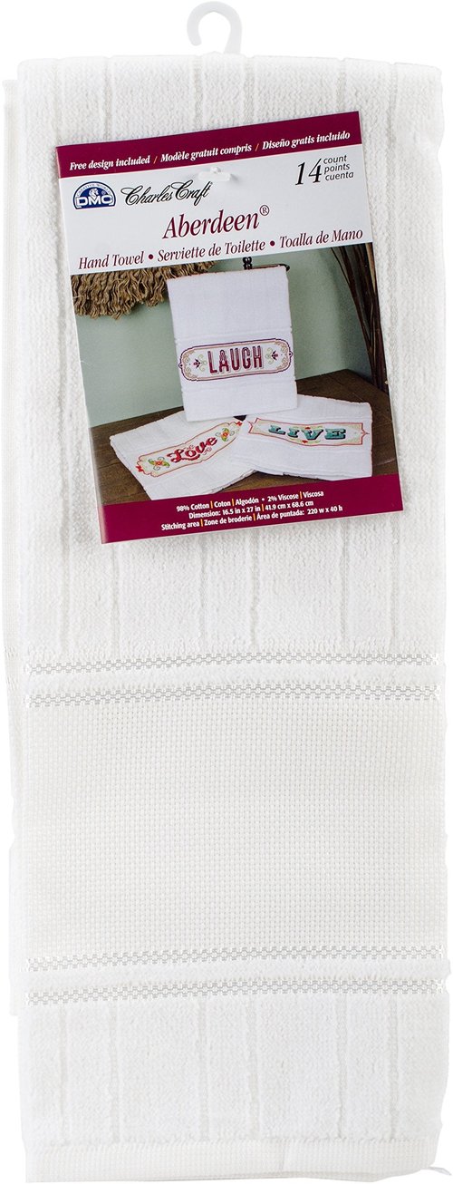 DMC Charles Craft Aberdeen Velour Hand Towel 16.5 x 27 inches, 14 Stitch Count Fabric with Design Included, Cotton/Viscose Blend, White