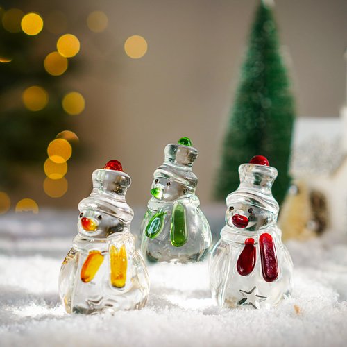 KRISININE Set of 3 Glass Snowman Figurine 1.6''*4.2'' Handmade Snowman Christmas Decorations Indoor for Home Winter Holiday Glass Paperweight Office Table Decor