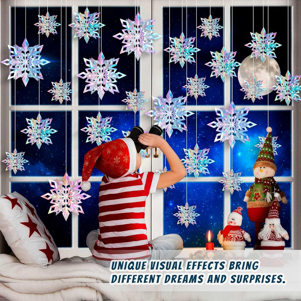 Skiennix 15PCS Christmas Hanging Snowflakes - 3D Iridescent Paper Ornaments for Winter Wonderland Decor