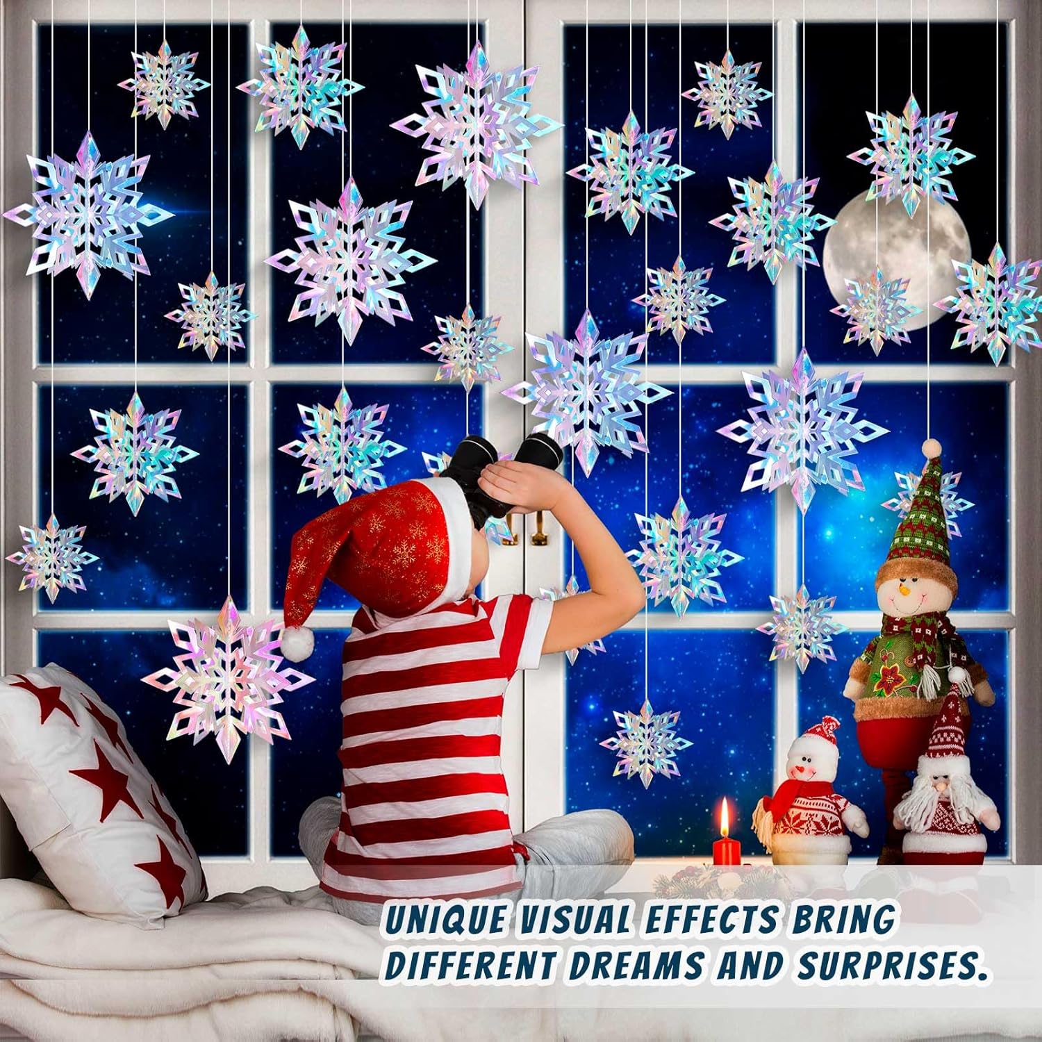 Skiennix 15PCS Christmas Hanging Snowflakes - 3D Iridescent Paper Ornaments for Winter Wonderland Decor
