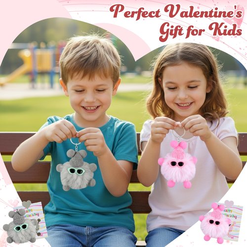 Fopxuni Valentines Day Cards and Gifts for Kids School 24 Pack Cartoon Plush Keychain Set Classroom Exchange for Students with Stuffed Toys