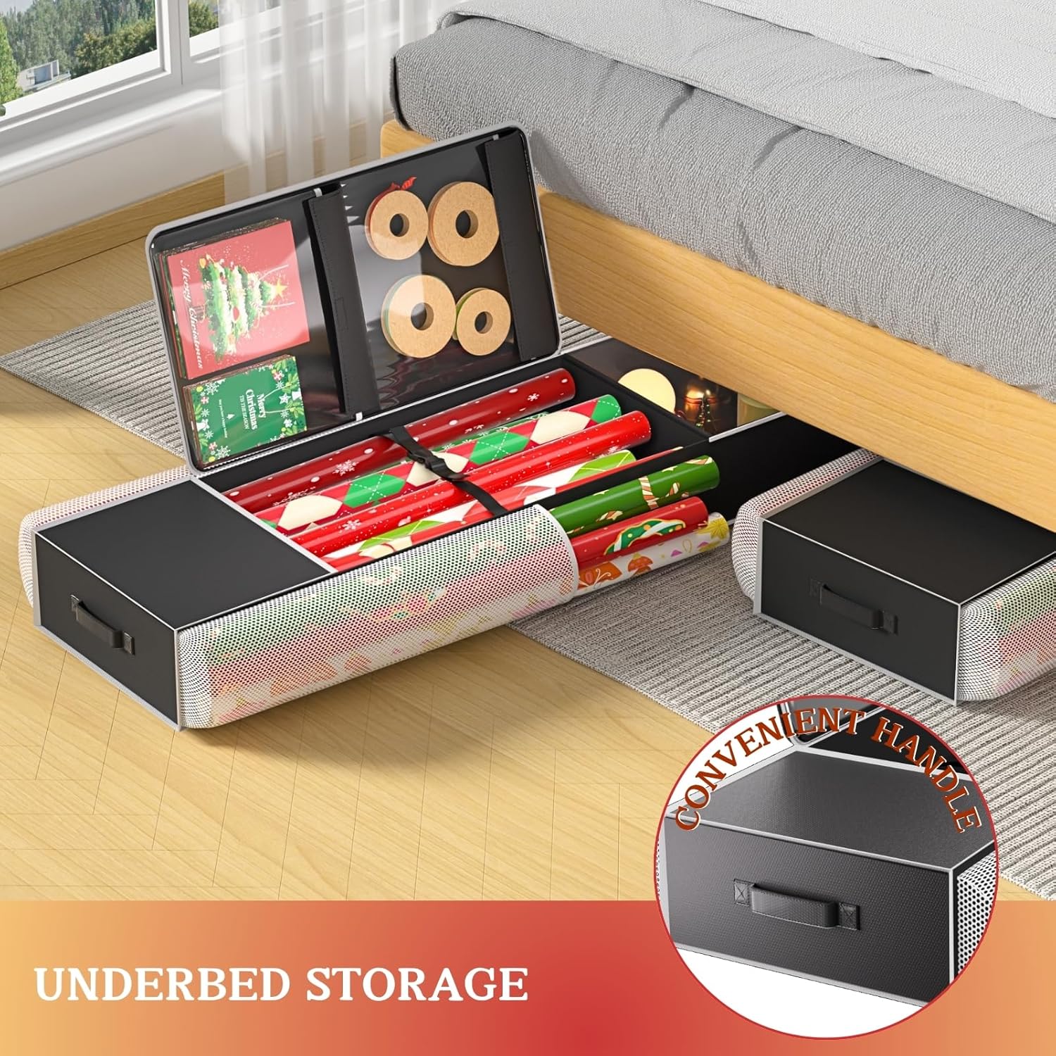 Ofiray Home 2-in-1 Wrapping Paper Organizer - Over Door or Under Bed Storage with Removable Drawer & 4 Clear Pockets