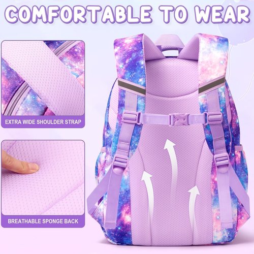 Fimibuke Kids Backpack for School Girls, 3Pcs Waterproof Girls Backpack with Lunch Box & Pencil Pouch - Lightweight Bookbag for Elementary Middle School Student Teens Ages 6+ Purple