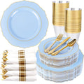 Liacere 175PCS Bule Plastic Plates - Disposable Ligh Bule and Gold Plates - Baroque Plastic Dinnerware 50Plates, 25Pack Pre Rolled Napkins with Silverware 25Cups for Baby Shower Party &Easter Day