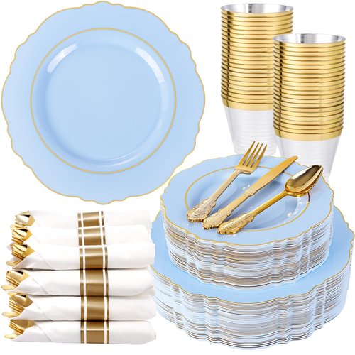 Liacere 175PCS Bule Plastic Plates - Disposable Ligh Bule and Gold Plates - Baroque Plastic Dinnerware 50Plates, 25Pack Pre Rolled Napkins with Silverware 25Cups for Baby Shower Party &Easter Day